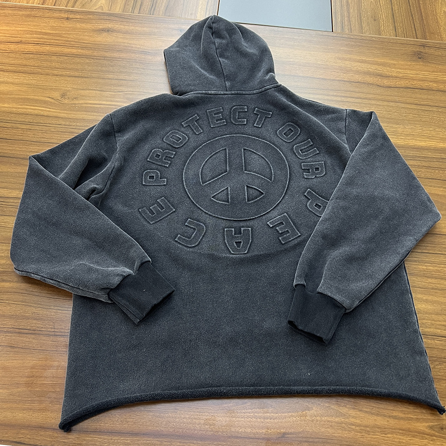 Custom Embroidery Applique Patch Embossed logo Heavyweght Cotton Vintage Distressed Cut Sew Cropped Acid Wash Hoodie Men