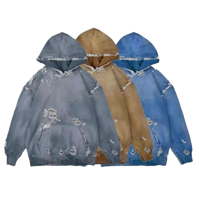 Custom Patch Embroidery Men Sun Dyed Ripped Oversized Hoodies Heavy Weight Cotton Acid Washed Distressed Hoodie