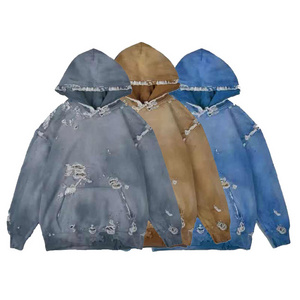 Custom Patch Embroidery Men Sun Dyed Ripped Oversized Hoodies Heavy Weight Cotton Acid Washed Distressed Hoodie