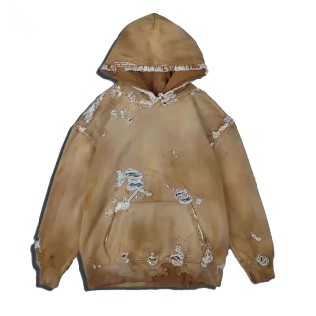 Custom Patch Embroidery Men Sun Dyed Ripped Oversized Hoodies Heavy Weight Cotton Acid Washed Distressed Hoodie