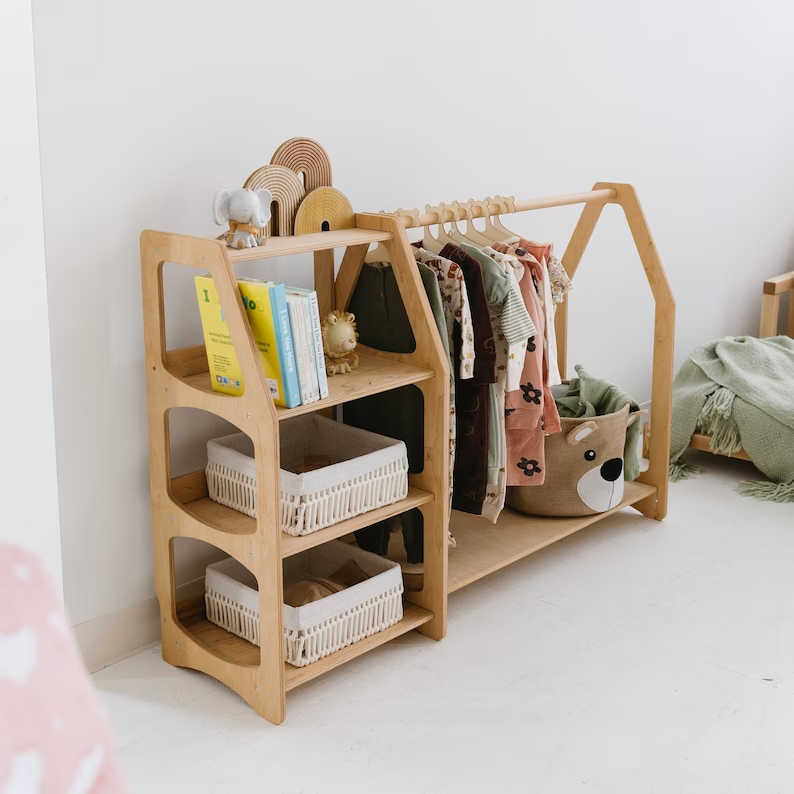 Custom Wooden Clothing Rack with Shelves Newborn Baby Wardrobe for kids Montessori furniture Nursery Infant Dress Hanger