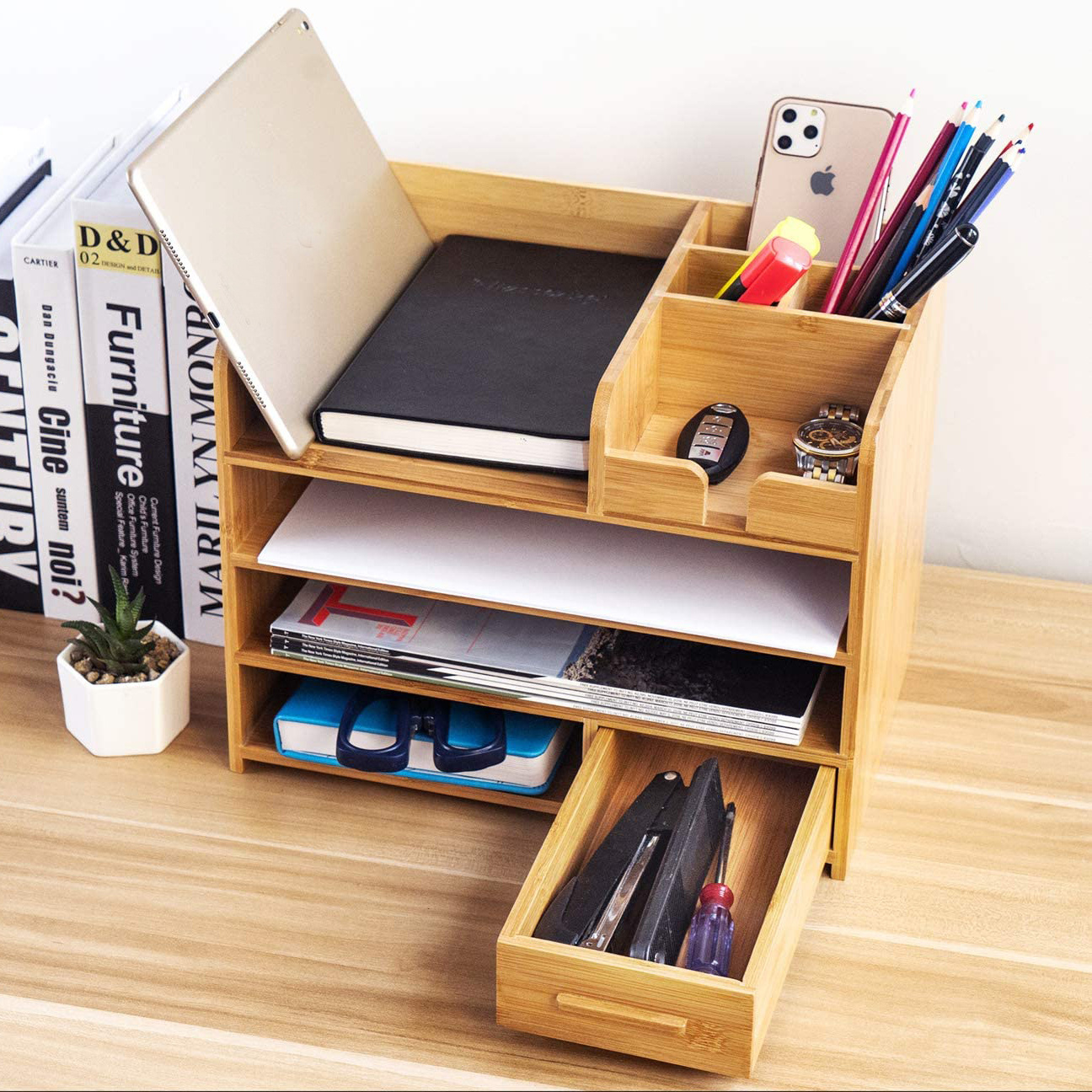 China Low Price Home Office Durable Wood Table Top Storage Bamboo Desk Drawer Organizer