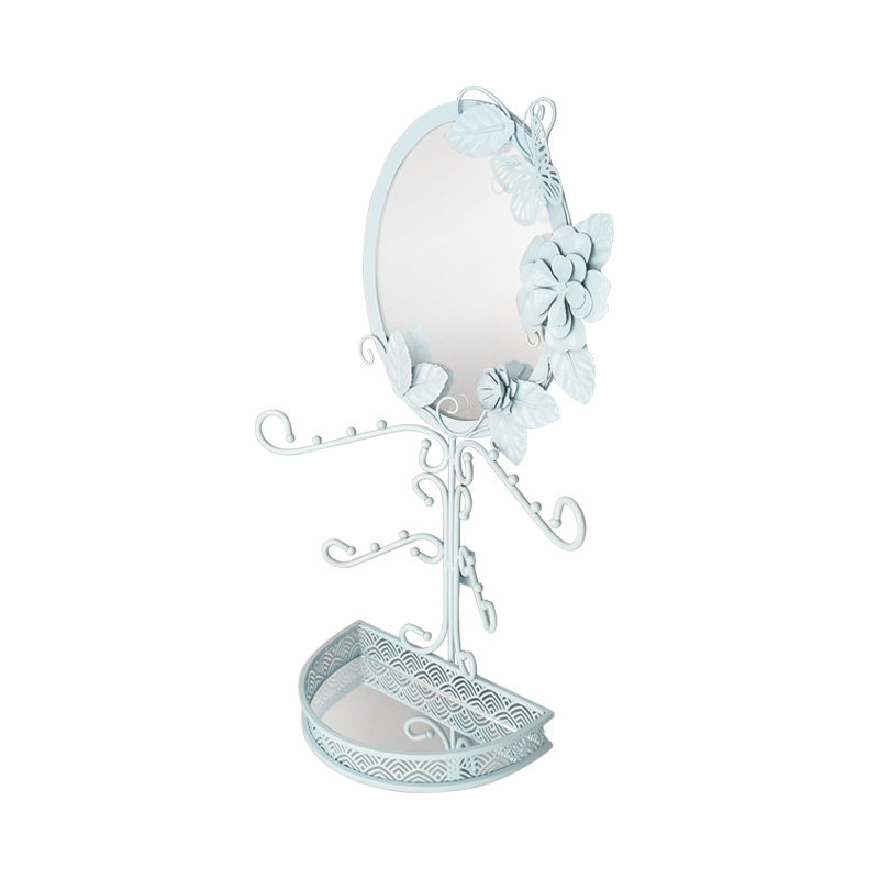 Round light blue beautiful butterfly flower Metal Cosmetic Mirror Make Up Mirror with storage tray