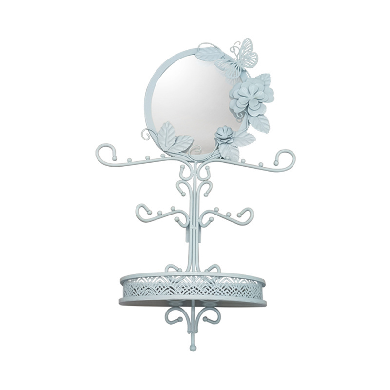 Round light blue beautiful butterfly flower Metal Cosmetic Mirror Make Up Mirror with storage tray