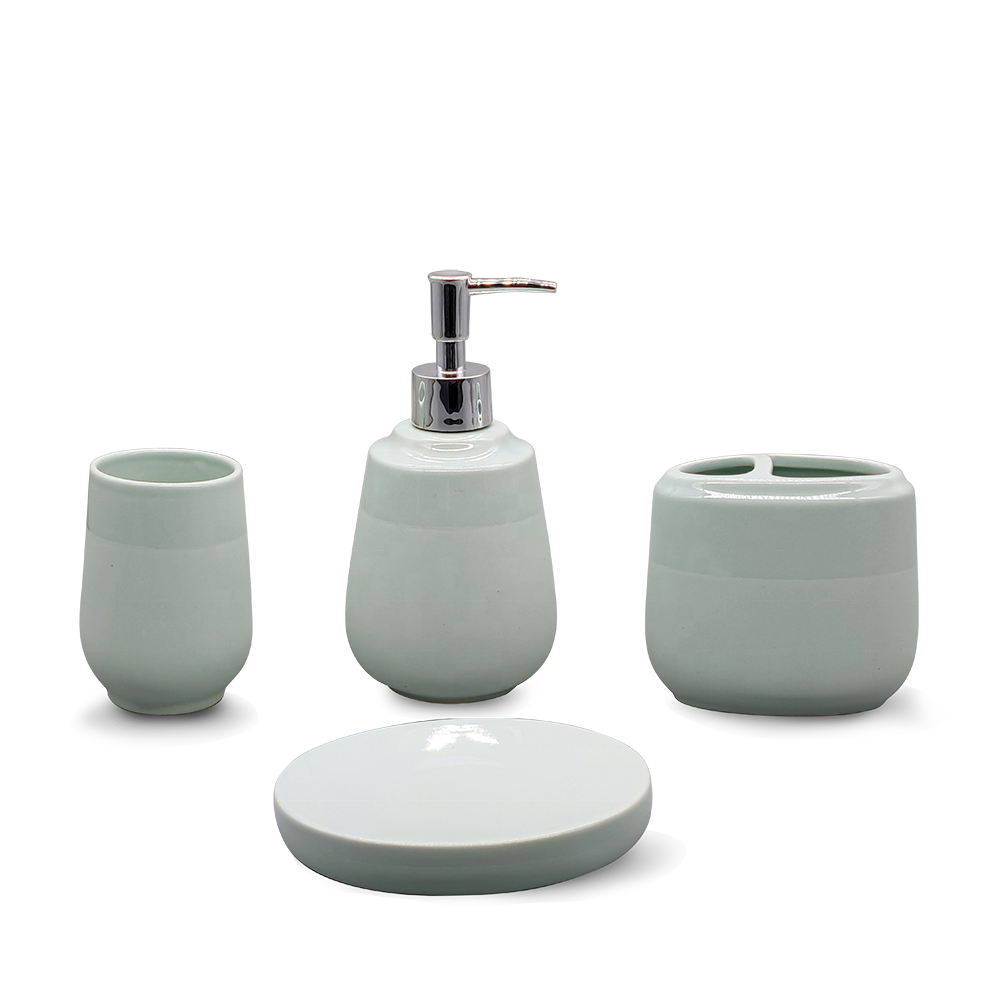 Handmade Family Gift Decor Accessories Ceramic Bath Accessory Set 4 Piece Premium Pastel Green Bathroom Accessories Set