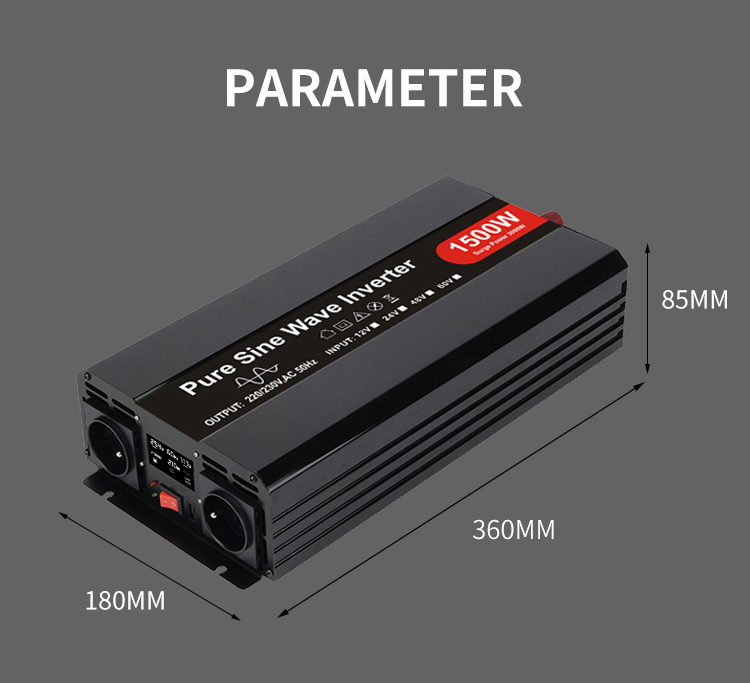 Solar panel P-1500 power inverter pure sine wave 24V to 220VAC Car power inverter with LCD display and remote controller