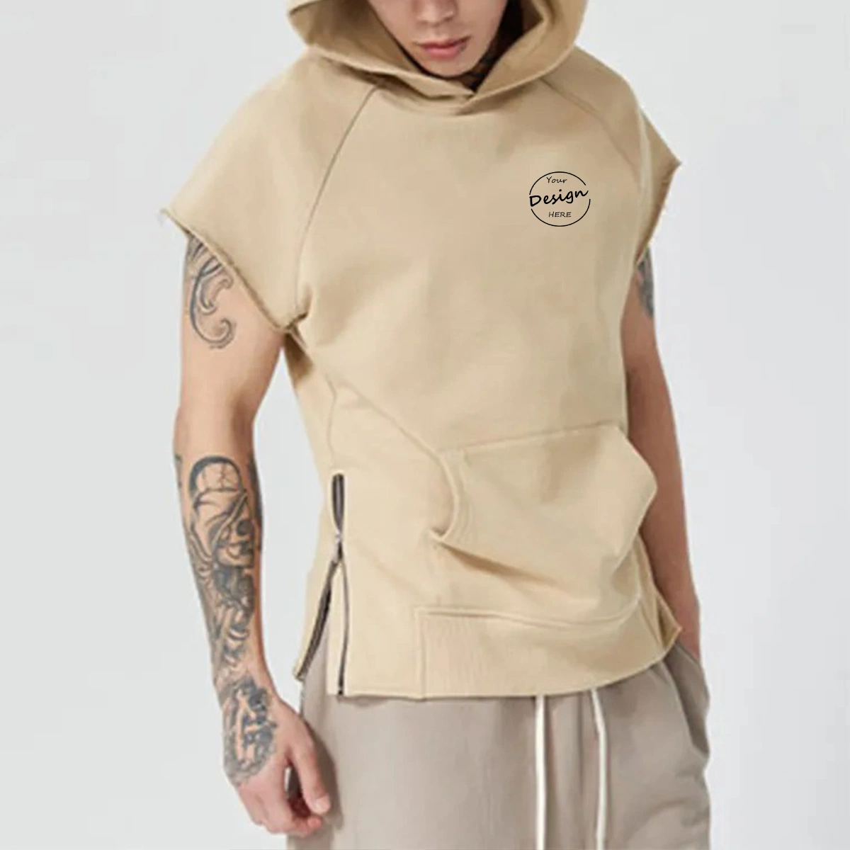 Top Quality Streetwear French Terry Sleeveless Mens Hoodie Custom Oversized Gym Wear Split Hem Heightweight Hoodie for Men