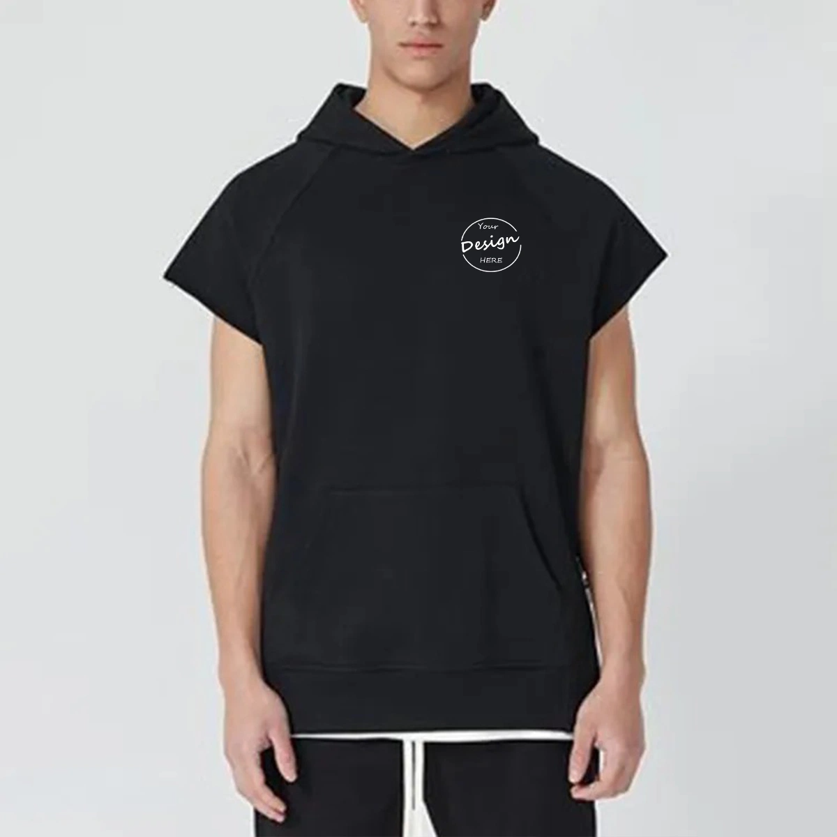 Top Quality Streetwear French Terry Sleeveless Mens Hoodie Custom Oversized Gym Wear Split Hem Heightweight Hoodie for Men