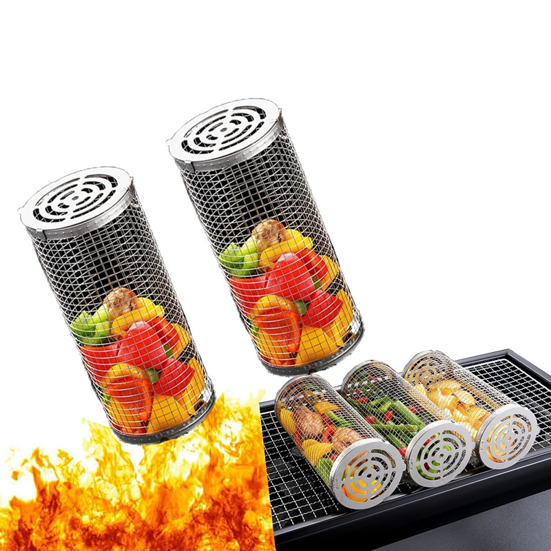 Hot sale BBQ Greatest Grilling Basket Stainless Steel Rolling Barbecue Rack Vegetable Basket