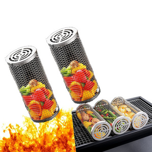 Hot sale BBQ Greatest Grilling Basket Stainless Steel Rolling Barbecue Rack Vegetable Basket