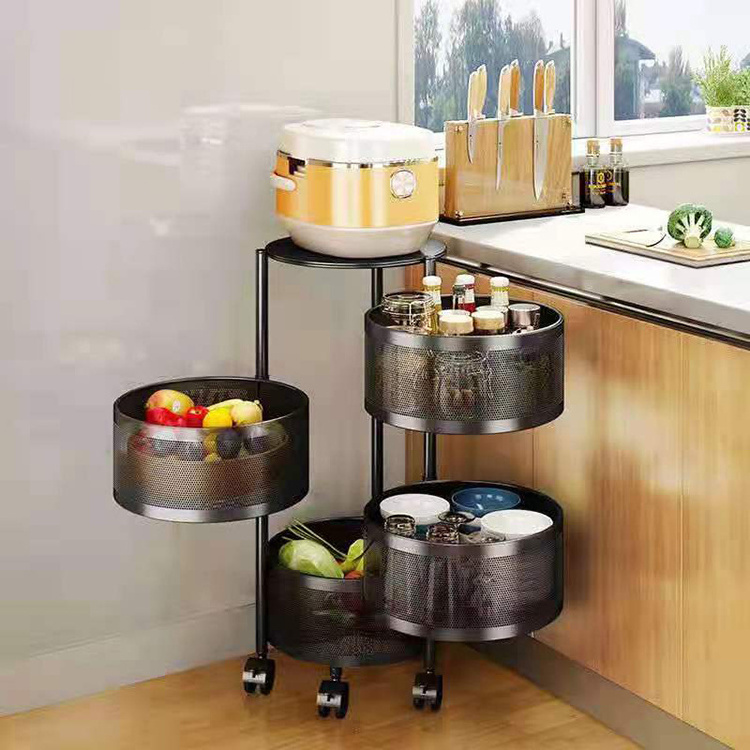 360 Degree Square/Round Structure Saves Space Kitchen Floor Rotating Shelf Kitchen Vegetable Rack With Wheels