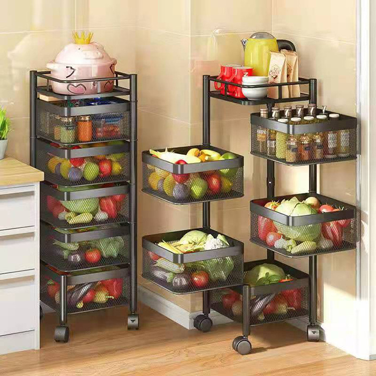 360 Degree Square/Round Structure Saves Space Kitchen Floor Rotating Shelf Kitchen Vegetable Rack With Wheels