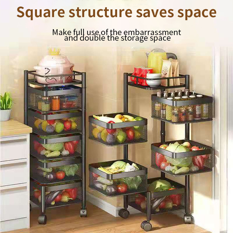 360 Degree Square/Round Structure Saves Space Kitchen Floor Rotating Shelf Kitchen Vegetable Rack With Wheels