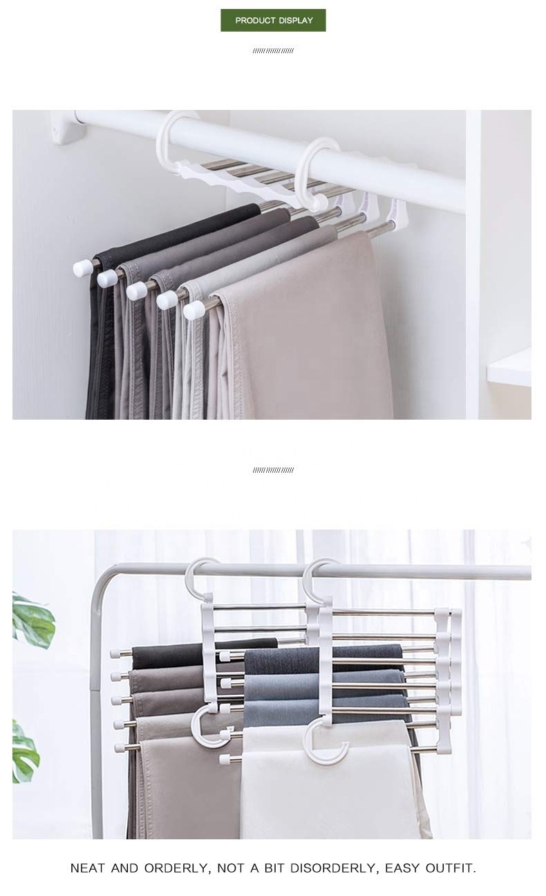 Multi-Layer Hanging Pants 5 in 1 Pants Rack Stainless Steel Pants Hangers Folding Storage Rack Space Saver Storage for Trousers