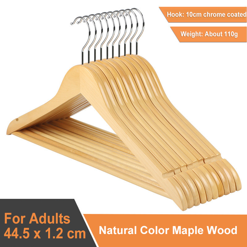 Wooden Hangers Smooth Finished Solid Wood with Non-Slip Pants Bar 360 Degree Swivel Hook