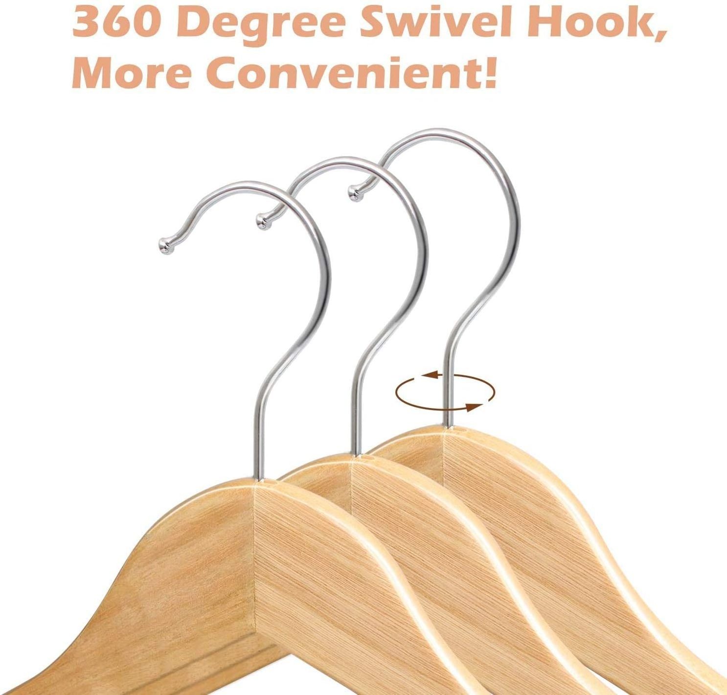 Wooden Hangers Smooth Finished Solid Wood with Non-Slip Pants Bar 360 Degree Swivel Hook