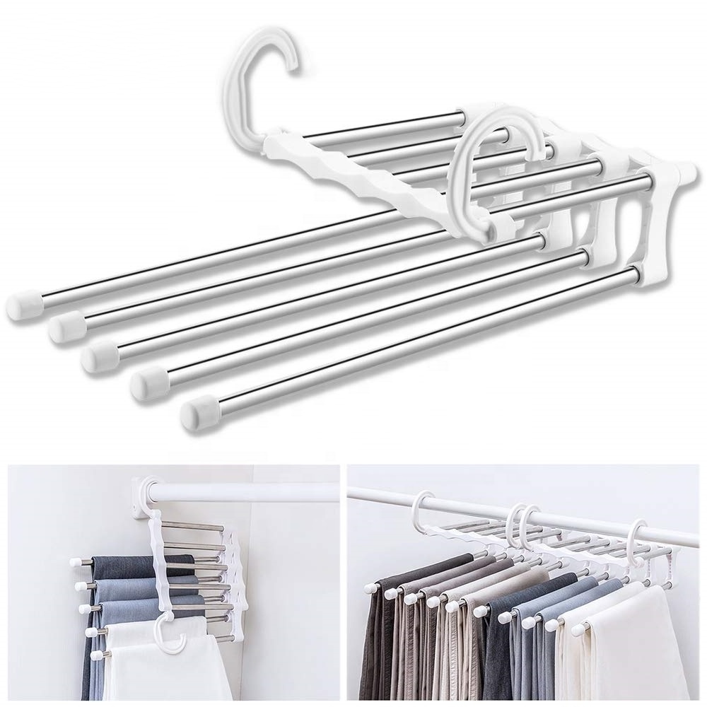 Multi-Layer Hanging Pants 5 in 1 Pants Rack Stainless Steel Pants Hangers Folding Storage Rack Space Saver Storage for Trousers