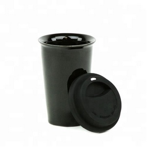 Eco 16-Ounce Ceramic Double Wall black thermal Coffee ceramic mug with silicon lid