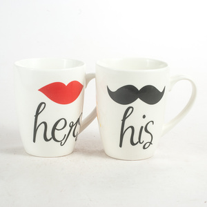 White porcelain mugs wholesale his and hers ceramic coffee mug with mustache lips beard for wedding gift