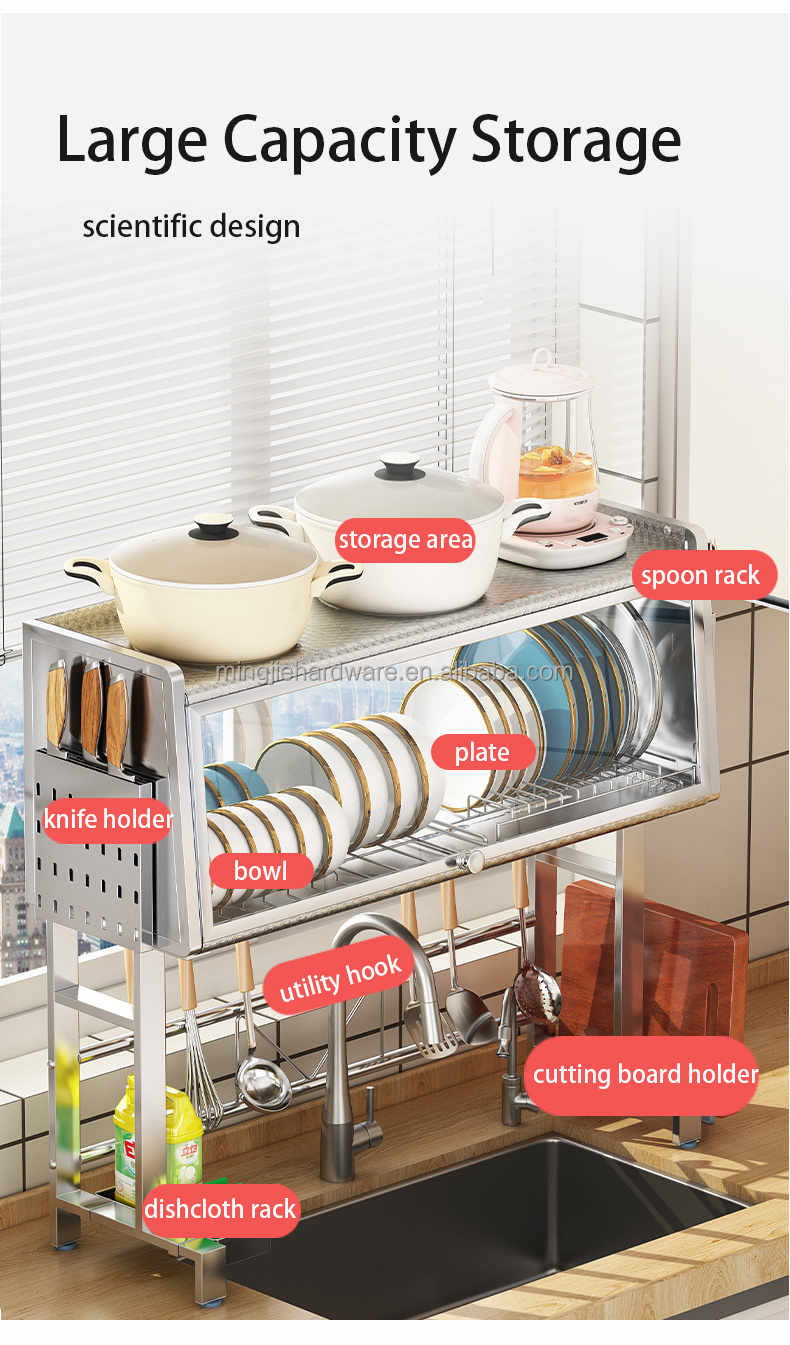 Over the Sink Dish Rack with Cover Dish Drying Rack Cabinet Dust-proof Storage Racks Shelving Units for Kitchen Countertop