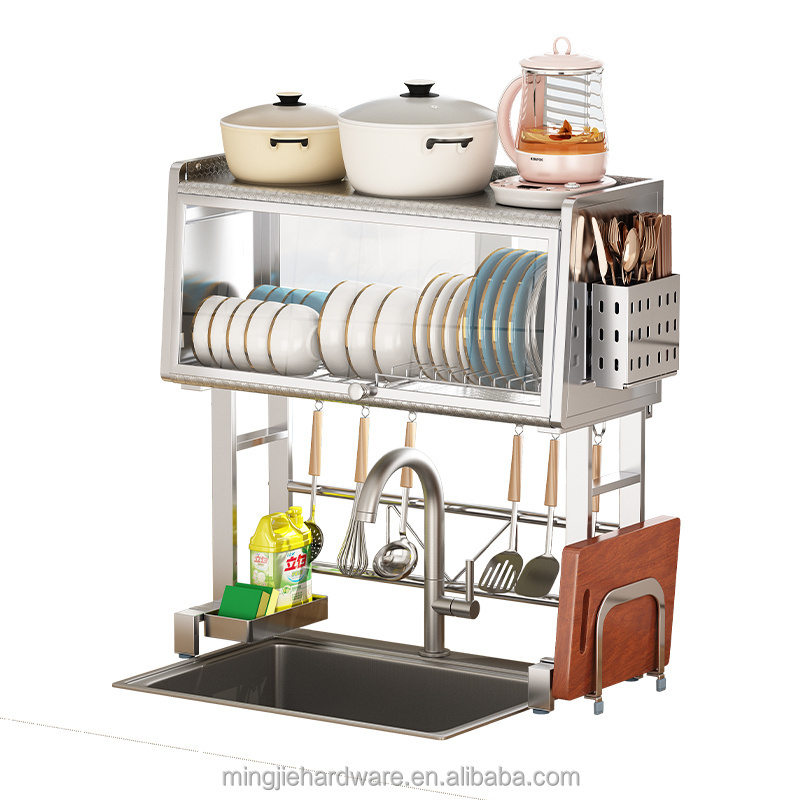 Over the Sink Dish Rack with Cover Dish Drying Rack Cabinet Dust-proof Storage Racks Shelving Units for Kitchen Countertop