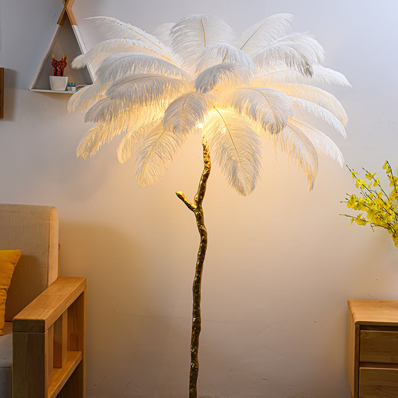 Custom modern style villa hotel living room decorative luxury ostrich feather tree stand Copper led brass floor lamp