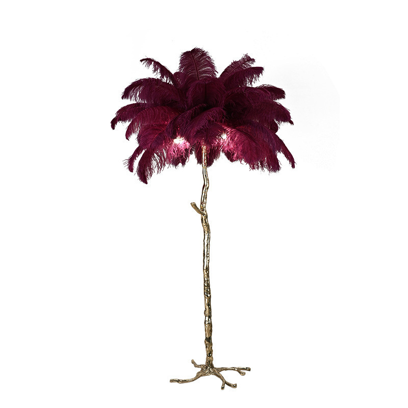 Custom modern style villa hotel living room decorative luxury ostrich feather tree stand Copper led brass floor lamp