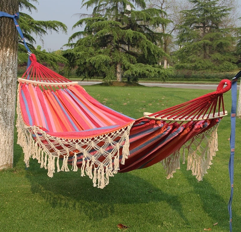 Outdoor Double Deluxe White Bohemian Camping Fringed Macrame Hammock