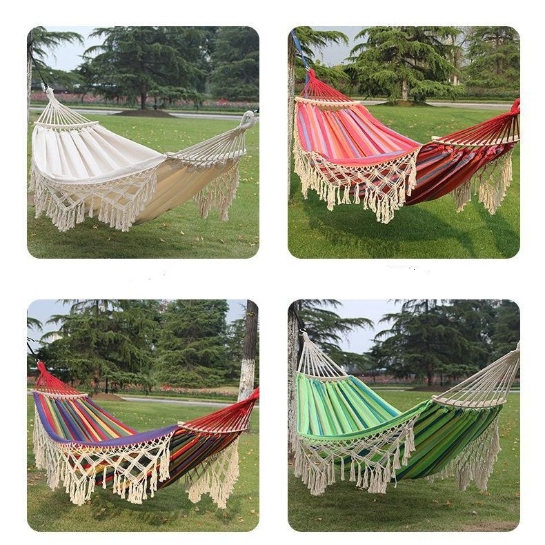 Outdoor Double Deluxe White Bohemian Camping Fringed Macrame Hammock