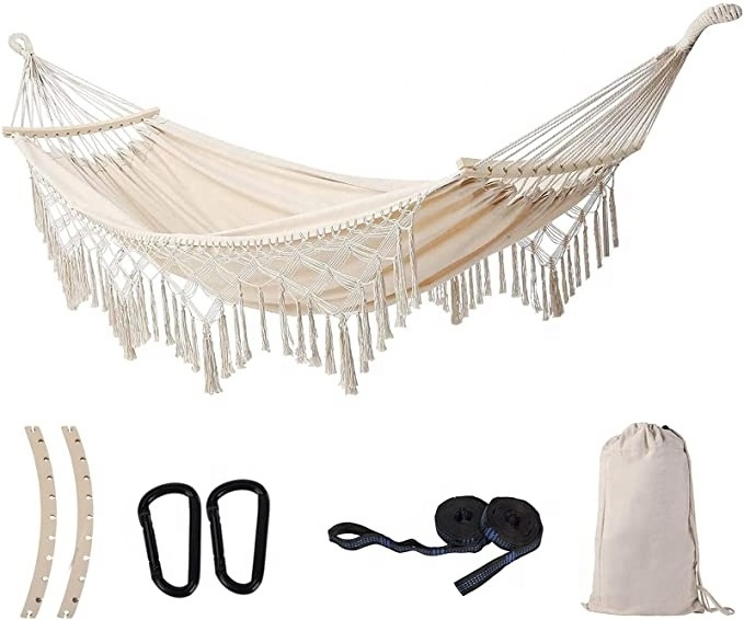 Outdoor Double Deluxe White Bohemian Camping Fringed Macrame Hammock