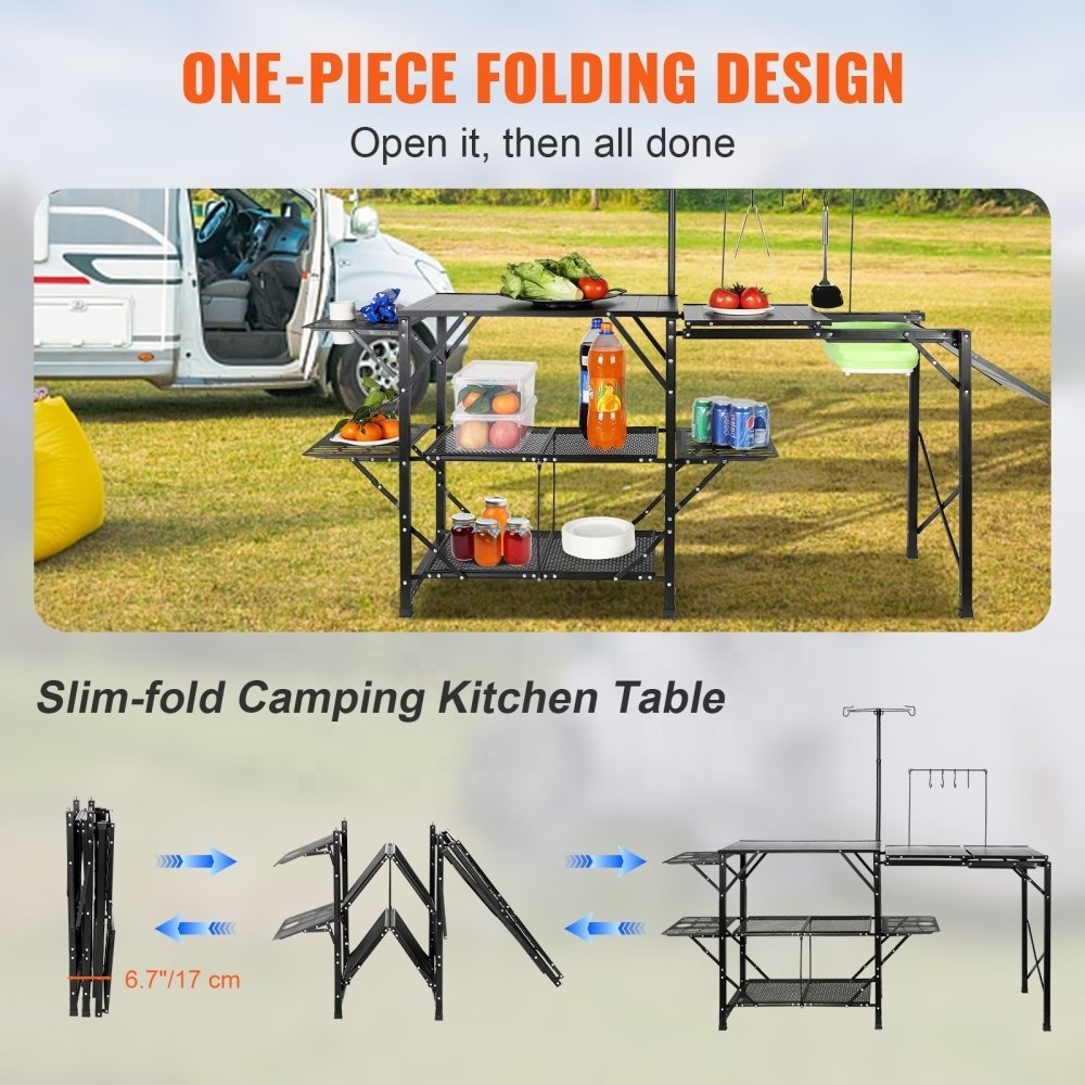 Camping Kitchen Table, One-Piece Folding Portable Cook Station with A Carrying Bag, Aluminum Camping Table 5 Iron Side Tables &