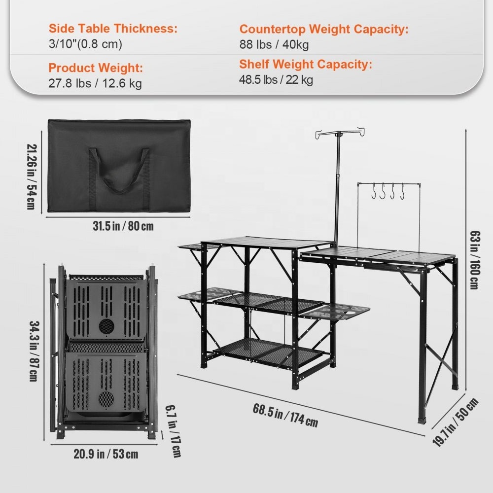 Camping Kitchen Table, One-Piece Folding Portable Cook Station with A Carrying Bag, Aluminum Camping Table 5 Iron Side Tables &