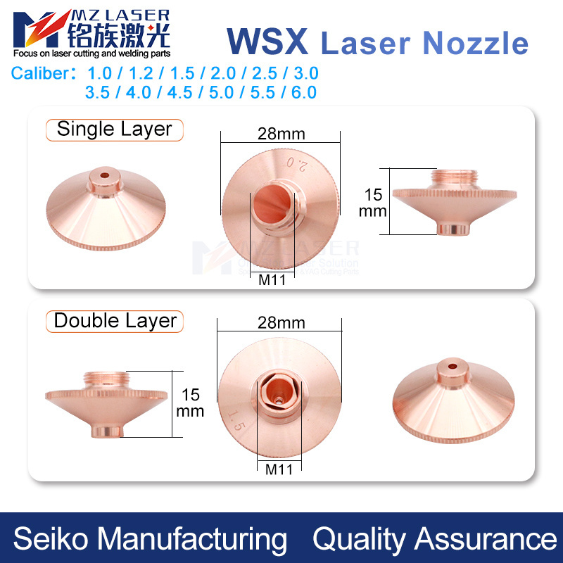 Minglaser Laser Nozzles Bulge D28 H15 Single Double Layer Tip Copper Nozzle 1.0 1.5 2.0 For WSX Fiber Laser Cutting Machine Head