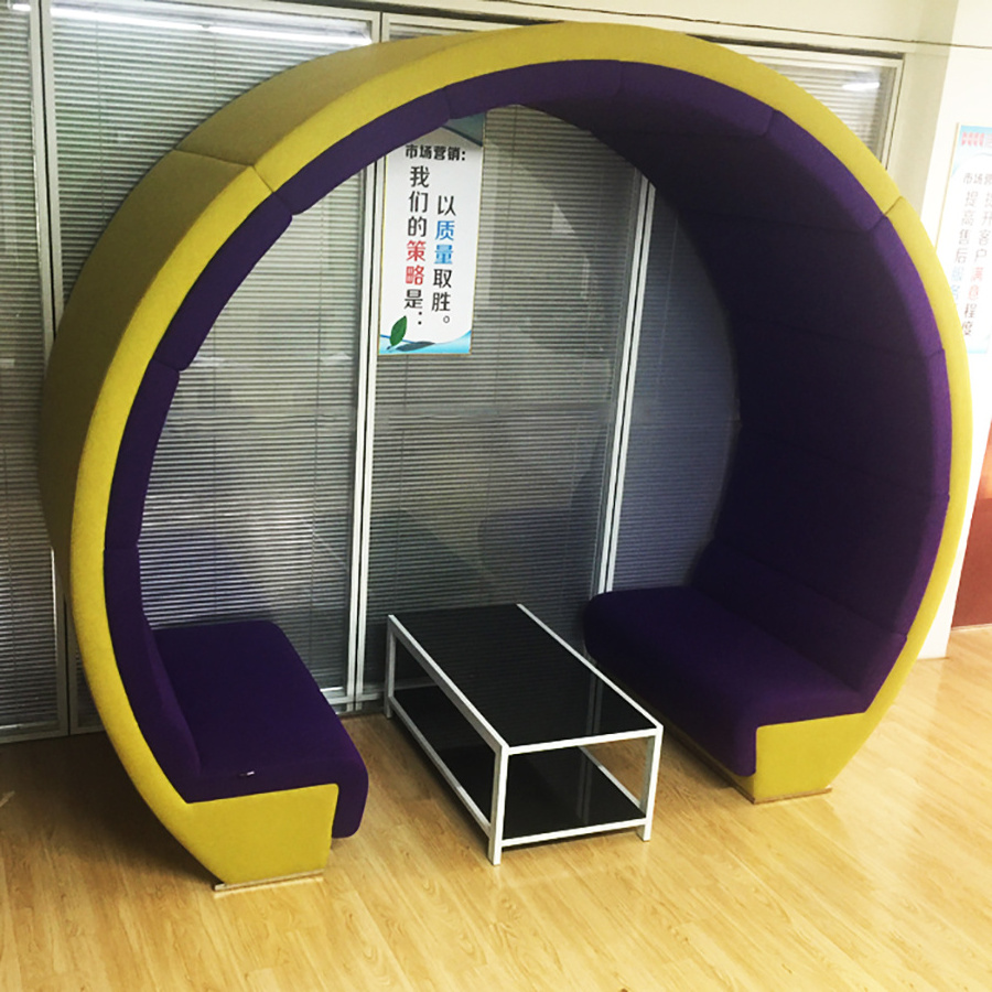 Moon shape curved fabric meeting pod with seating