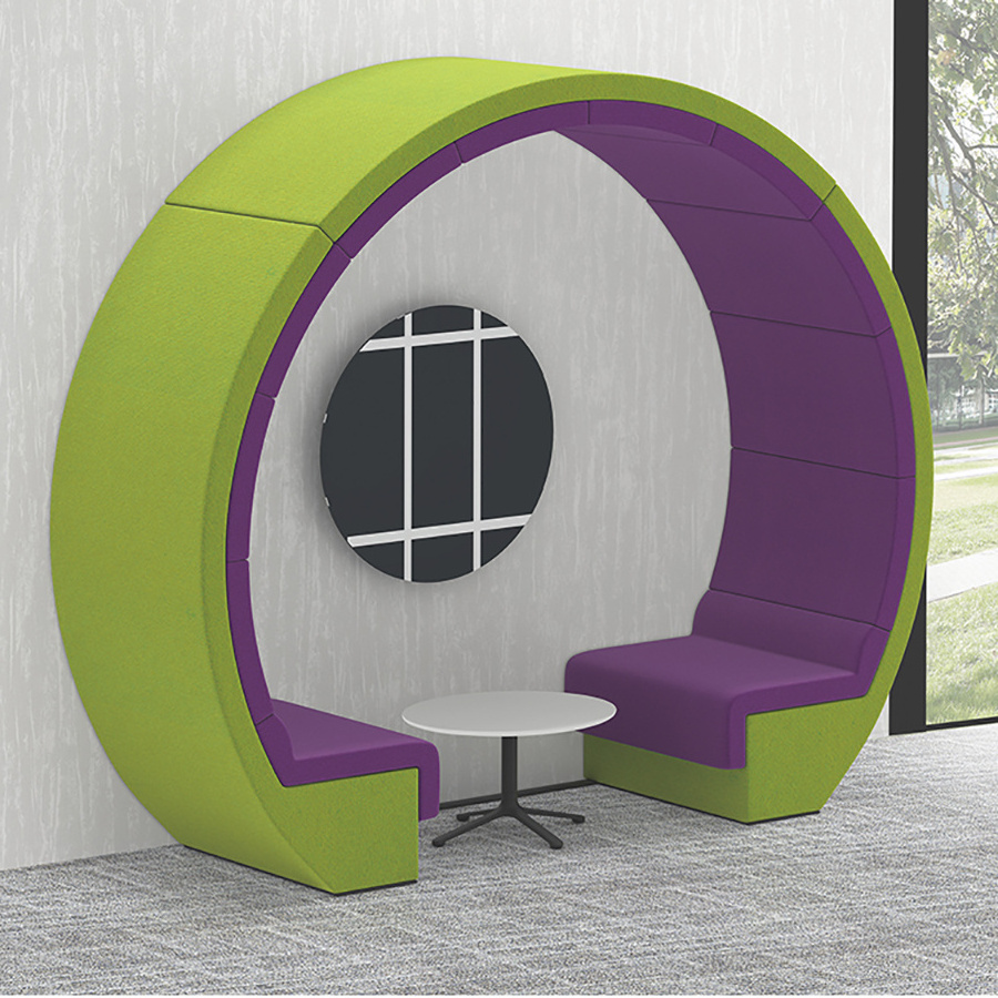 Moon shape curved fabric meeting pod with seating