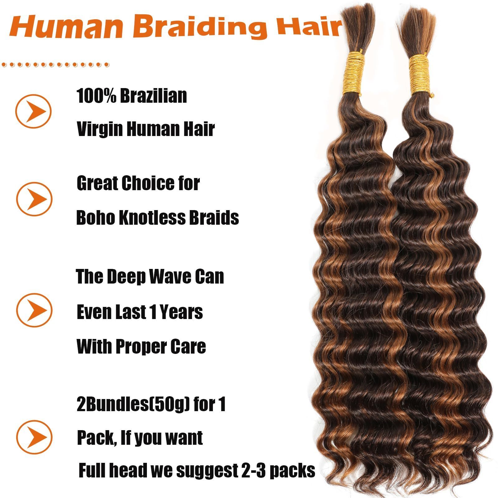 Human Braiding Hair Deep Wave Bulk Human Hair for Braiding No Weft 20 Inch 100% Unprocessed Human Hair Ginger Orange 100g Bulk