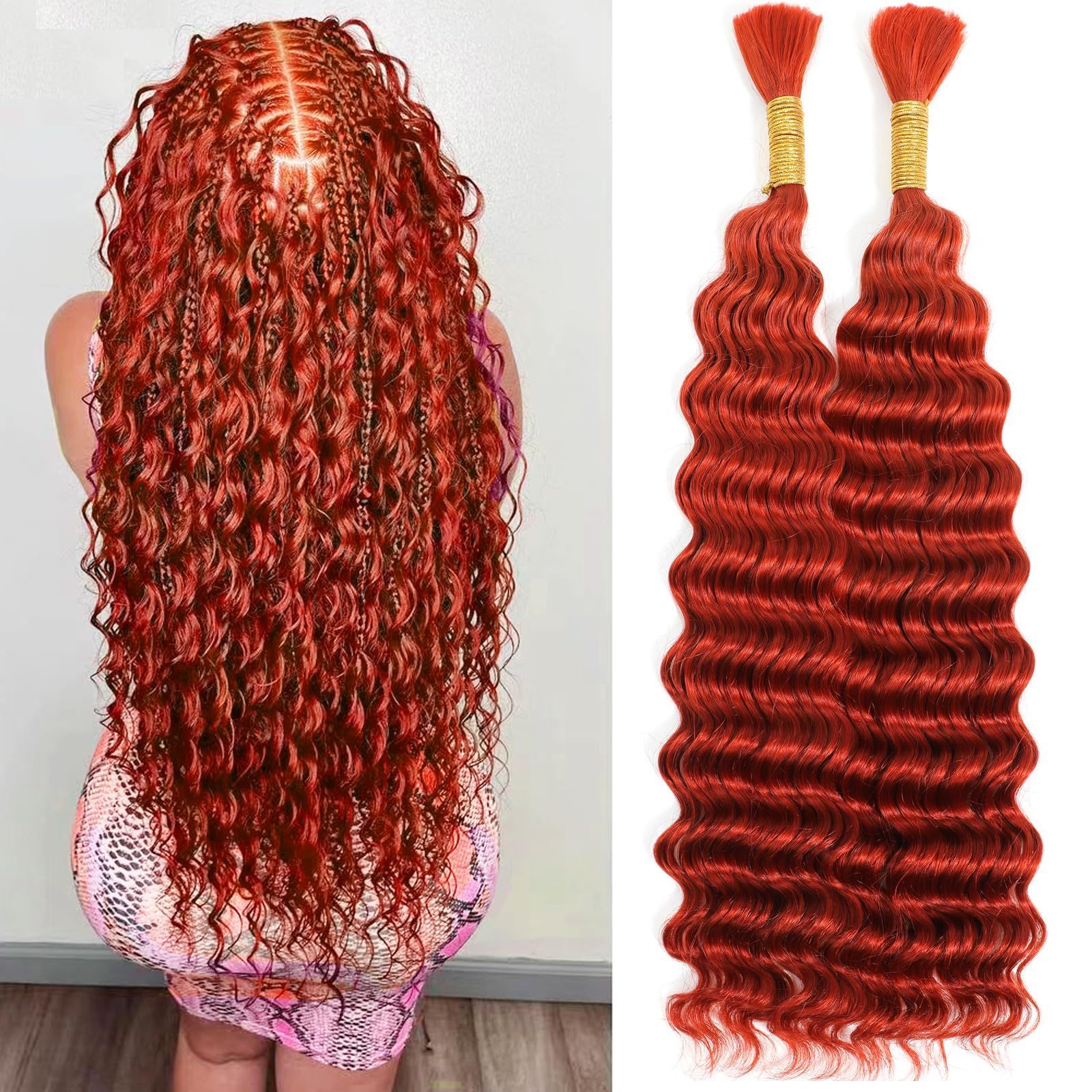 Human Braiding Hair Deep Wave Bulk Human Hair for Braiding No Weft 20 Inch 100% Unprocessed Human Hair Ginger Orange 100g Bulk