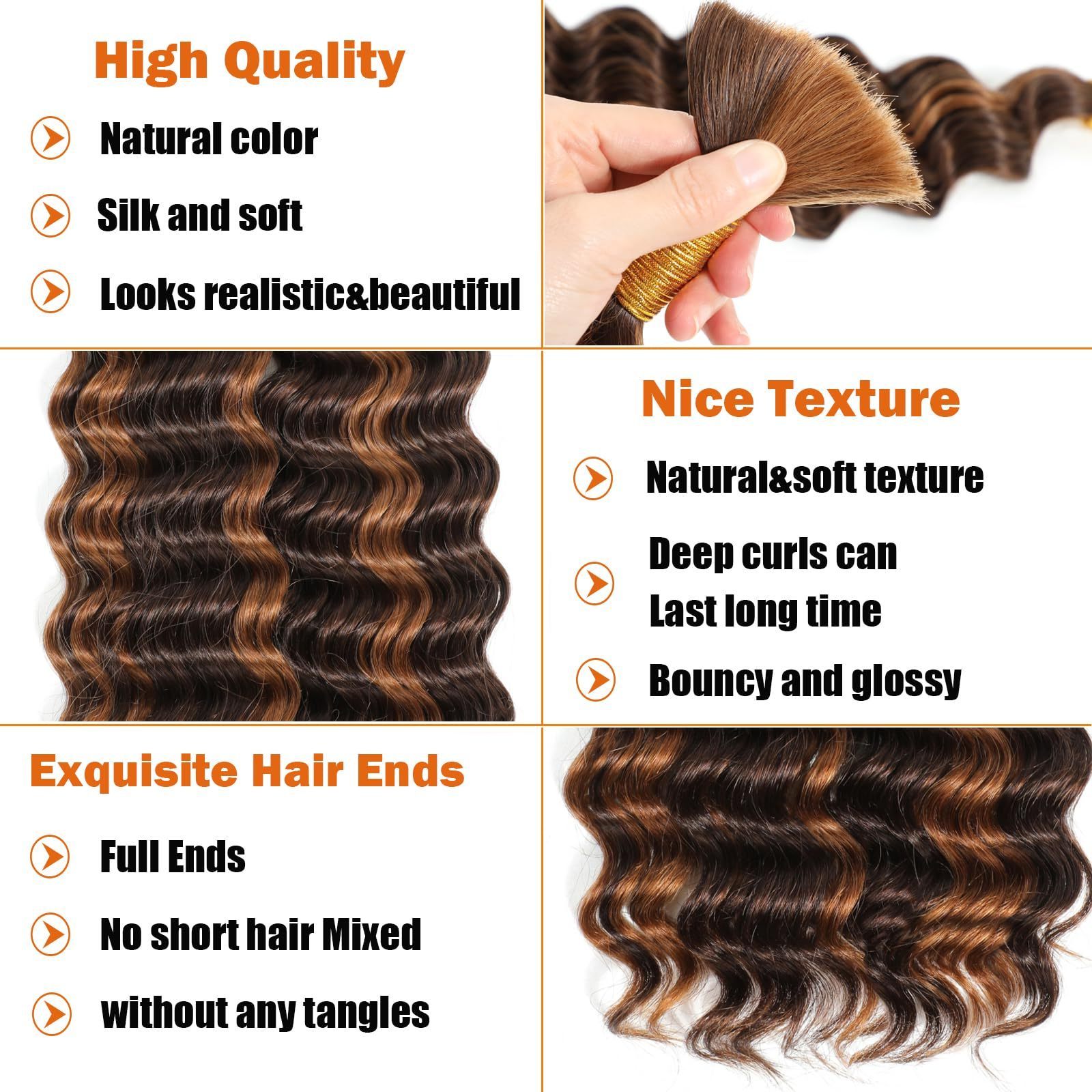 Human Braiding Hair Deep Wave Bulk Human Hair for Braiding No Weft 20 Inch 100% Unprocessed Human Hair Ginger Orange 100g Bulk