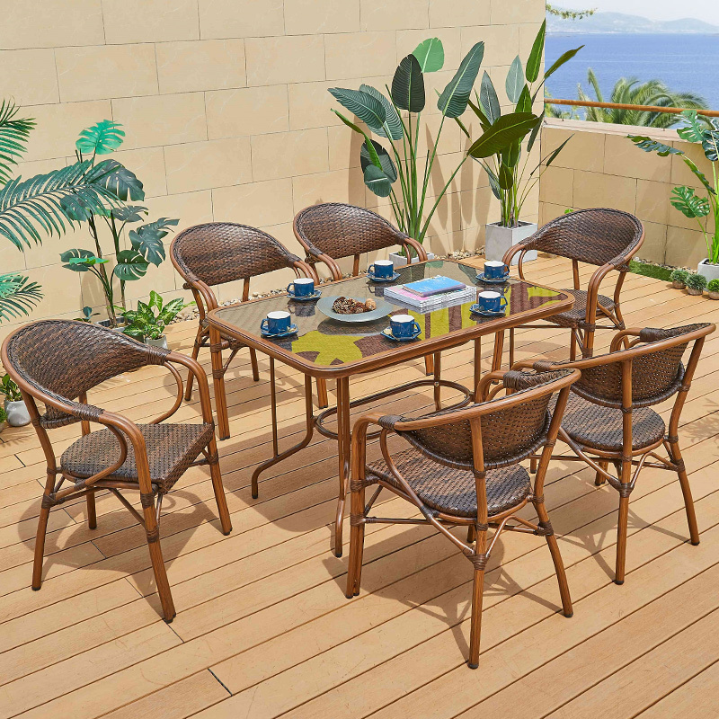 Modern Luxury Restaurant Outdoor Dining chair Garden Furniture Braided Rope Rattan Chair With Black Powder Coated Legs