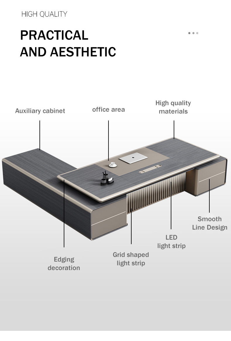 Modern Luxury style MDF material L shape boss ceo executive  office desk with light side cabinet executive Chair