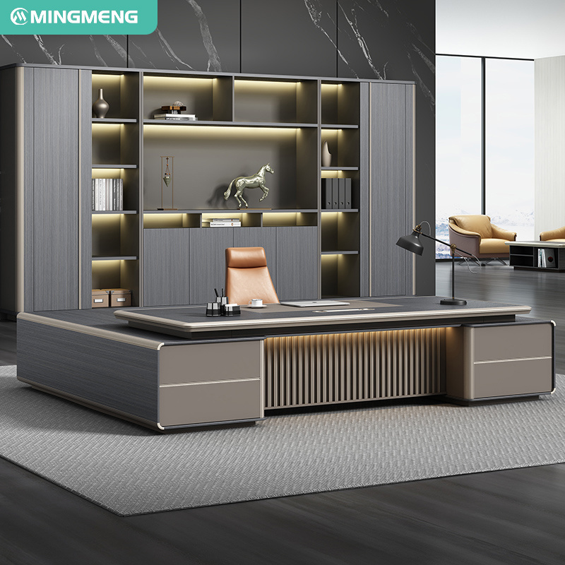 Modern Luxury style MDF material L shape boss ceo executive  office desk with light side cabinet executive Chair