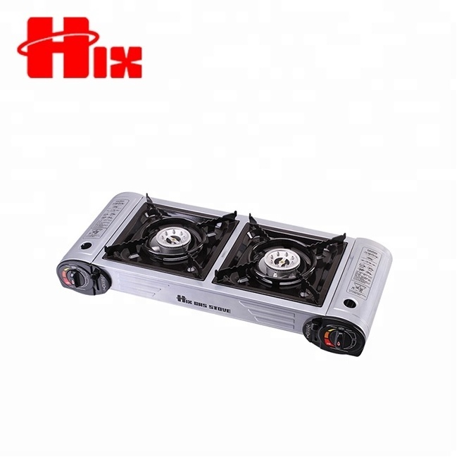 HIX Portable butane burning double burner gas camping stove with butane gas