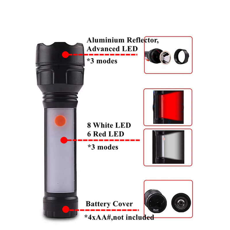 Customized road emergency torch flashlight outdoor camping torch plastic led torch with red light spare parts for sale