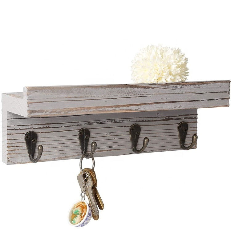 Wall Mounted Rustic Wood Entryway key holder rack organizer with 4 Metal Hooks