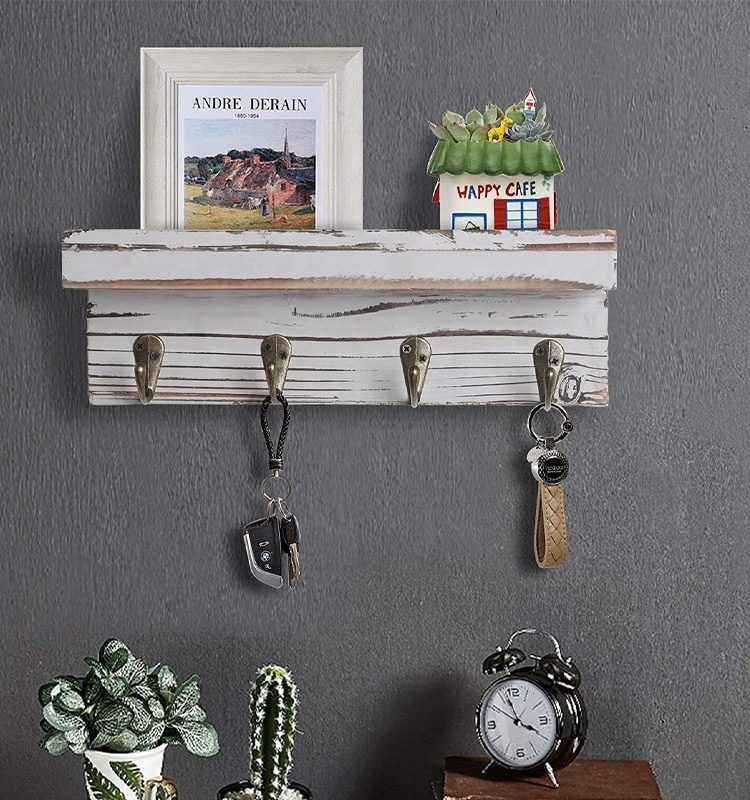 Wall Mounted Rustic Wood Entryway key holder rack organizer with 4 Metal Hooks