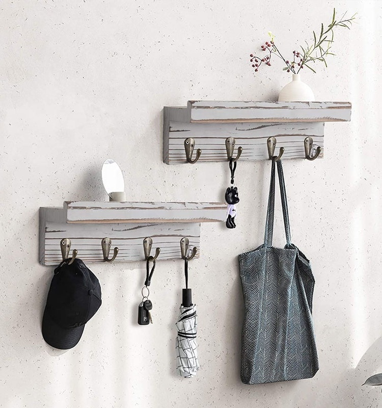 Wall Mounted Rustic Wood Entryway key holder rack organizer with 4 Metal Hooks