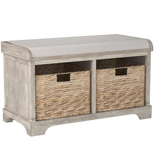 Home Cheap White Wash Wicker Basket 2-Drawer Storage Bench with Cushion