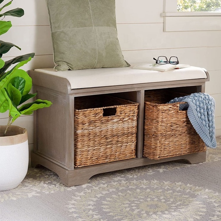 Living room Entryway Wholesale White Wash Wicker Basket 2-Drawer Storage Bench with Cushion