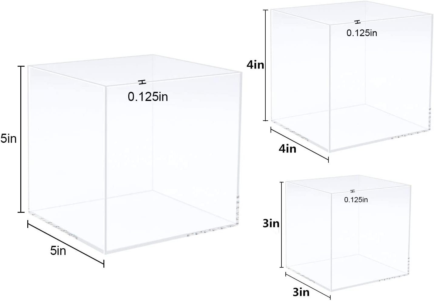 Acrylic Display Box, 3x3x3&4x4x4&5x5x5 inches, 3pc, Museum Box cube Case for Collectibles (5 Sided Acrylic Box)