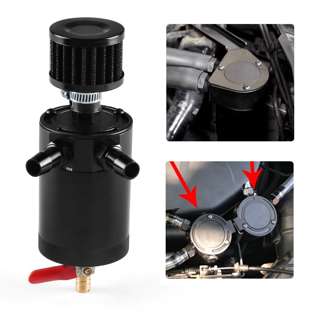 Universal 2-Port Oil Catch Can Tank Reservoir with Drain Valve Breather Filter Compact Baffled Aluminum Oil Catch Fuel Tank Part